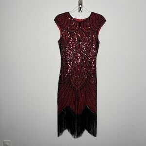FUNDAISY Dress Womens Small Red Sequin Fringe Flapper 20s Deco Party Cocktail